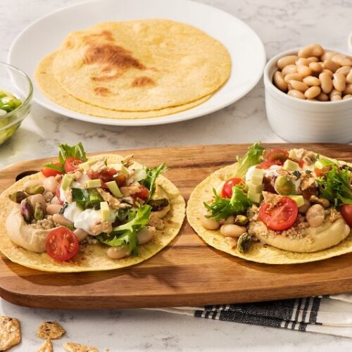 White Bean Tostadas with Pistachio Sage Yogurt
