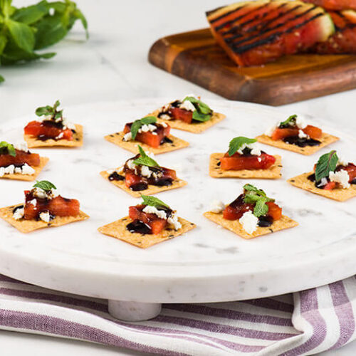 Grilled Watermelon, Feta and Balsamic Cracker Canapés