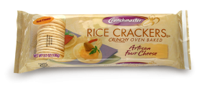 Package of Crunchmaster Rice Crackers in Artisan Four Cheese.