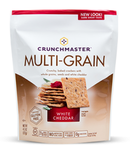 Crunchmaster Multi-Seed crackers in White Cheddar flavor.