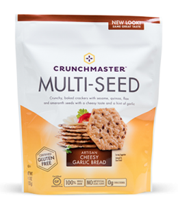 Crunchmaster Multi-Seed crackers in Artisan Cheesy Garlic Bread flavor.