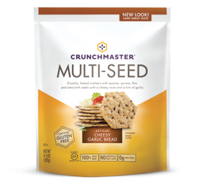 Crunchmaster Multi-Seed Crackers in Cheesy Garlic Bread flavor.