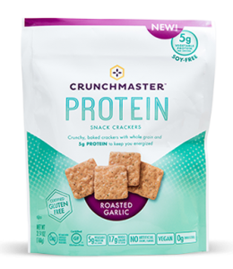 Crunchmaster Protein crackers in Roasted Garlic flavor.