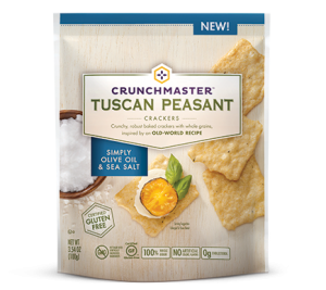 Crunchmaster Tuscan Peasant Crackers in Olive Oil and Sea Salt flavor.