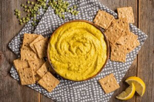 Crunchmaster Multi-Grain crackers with lentil dip.