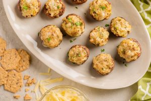 Savory stuffed mushrooms incorporated with Crunchmaster Multi-Seed crackers.