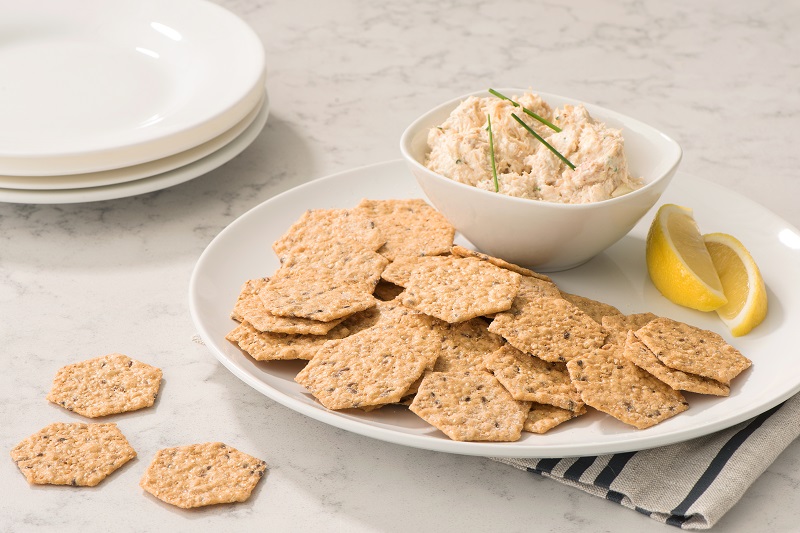 Crunchmaster Multi-Seed crackers with sesame ginger crab dip.