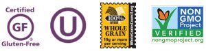 Certified Gluten-Free, Certified Kosher, 100% Whole Grain and Non-GMO Project Verified logos.