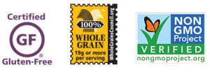 Certified Gluten-Free, 100% Whole Grain and Non-GMO Project Verified logos.