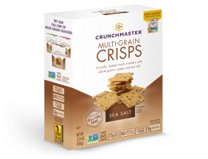 Crunchmaster Multi-Grain Crisps in Sea Salt flavor in box.