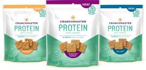 Crunchmaster Protein Snack Crackers in Barbeque, Roasted Garlic and Sea Salt flavors.