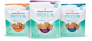 Crunchmaster Protein Snack Crackers in assorted flavors.
